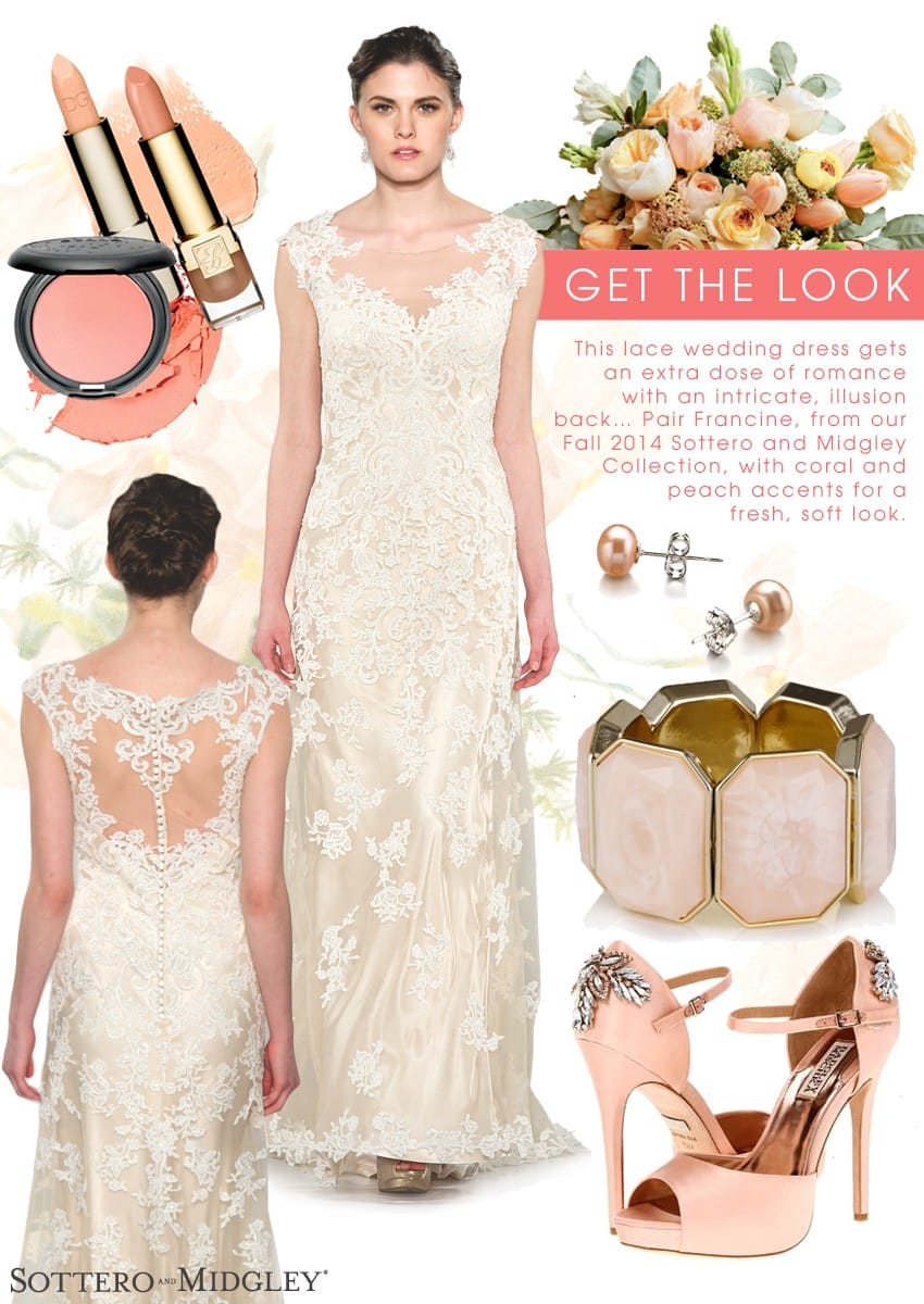 From our Fall 2014 Collection, here's a sneak peek on how to style our Francine gown with coral wedding accents.