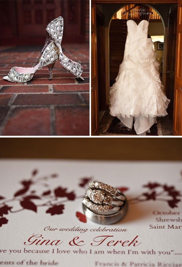 Maggie Bride, Gina, wearing an romantic strapless wedding dress.