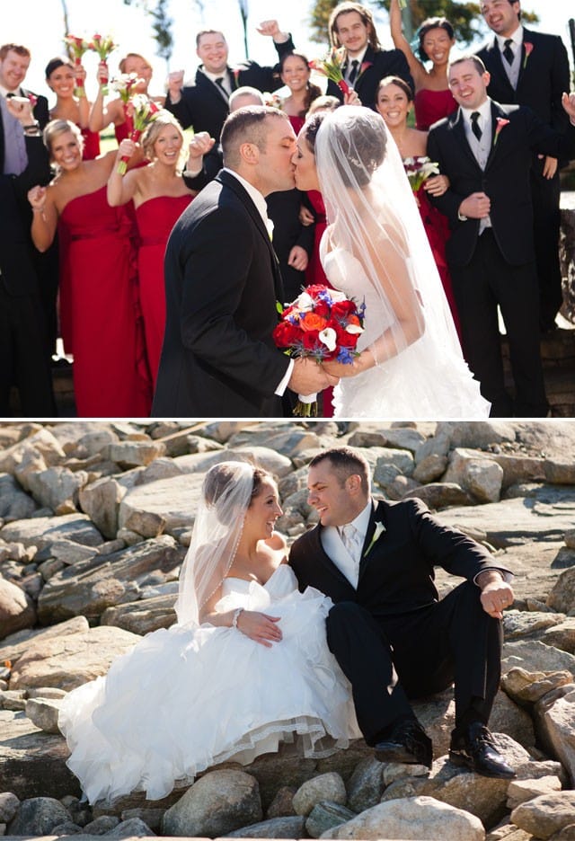 Maggie Bride, Gina, wearing an organza A-line wedding dress.