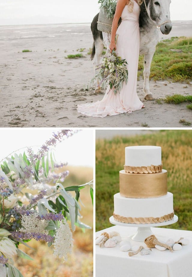 Blush wedding dress paired with Grecian details.