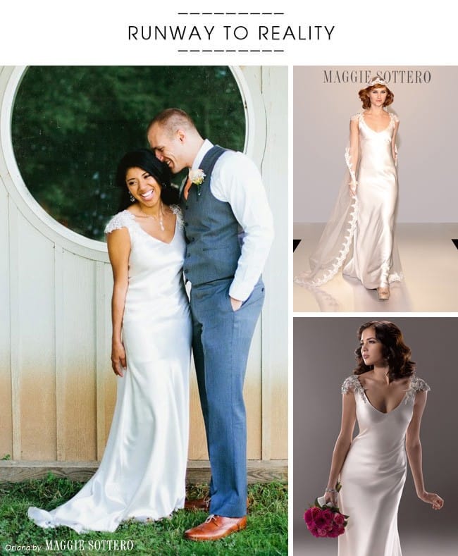 Real Bride, Jessica, wearing Oriana by Maggie Sottero, a silk sheath gown with glittering cap-sleeves for her gorgeous outdoor Maryland wedding.