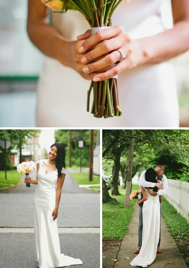 Real Bride, Jessica, wearing Oriana by Maggie Sottero, a silk sheath gown with glittering cap-sleeves.