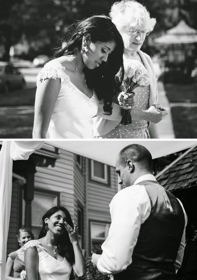 Real Bride, Jessica, wearing Oriana by Maggie Sottero, a silk sheath gown with glittering cap-sleeves.