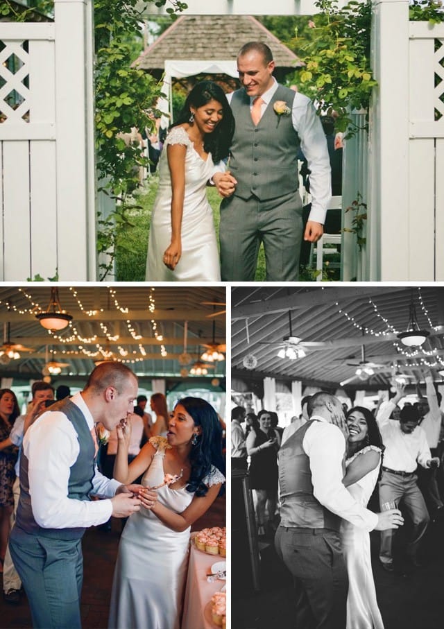 Real Bride, Jessica, wearing Oriana by Maggie Sottero, a silk sheath gown with glittering cap-sleeves.
