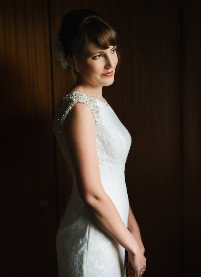 Maggie Bride, Wynta, wearing Ellie with a keyhole neckline.