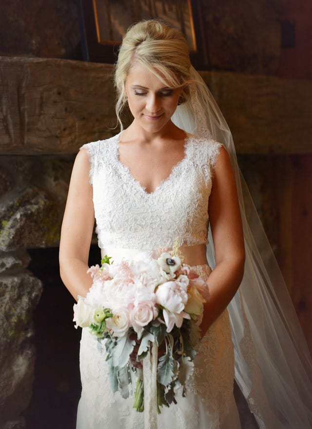 Gorgeous rustic wedding featuring stunning lace wedding dress with keyhole back, Bronwyn by Maggie Sottero.