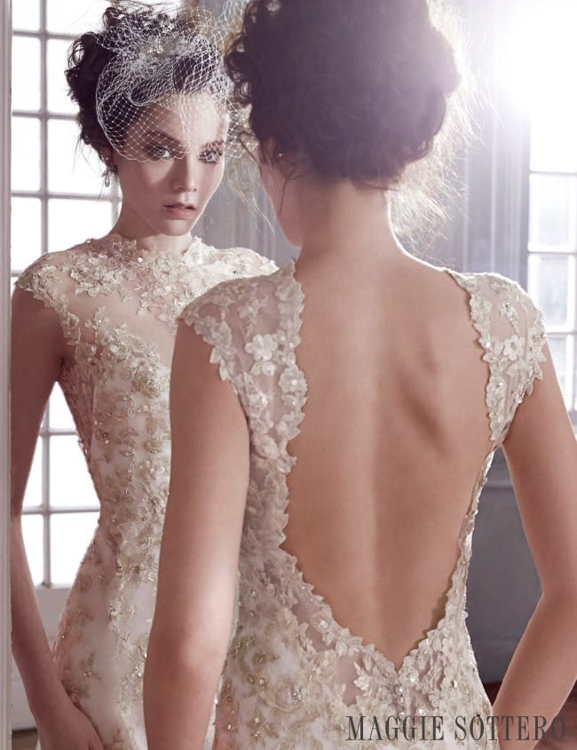 Camelia, gold lace sheath wedding dress by Maggie Sottero