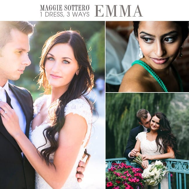 Emma, a romantic slim A-line lace wedding dress by Maggie Sottero, styled three ways!