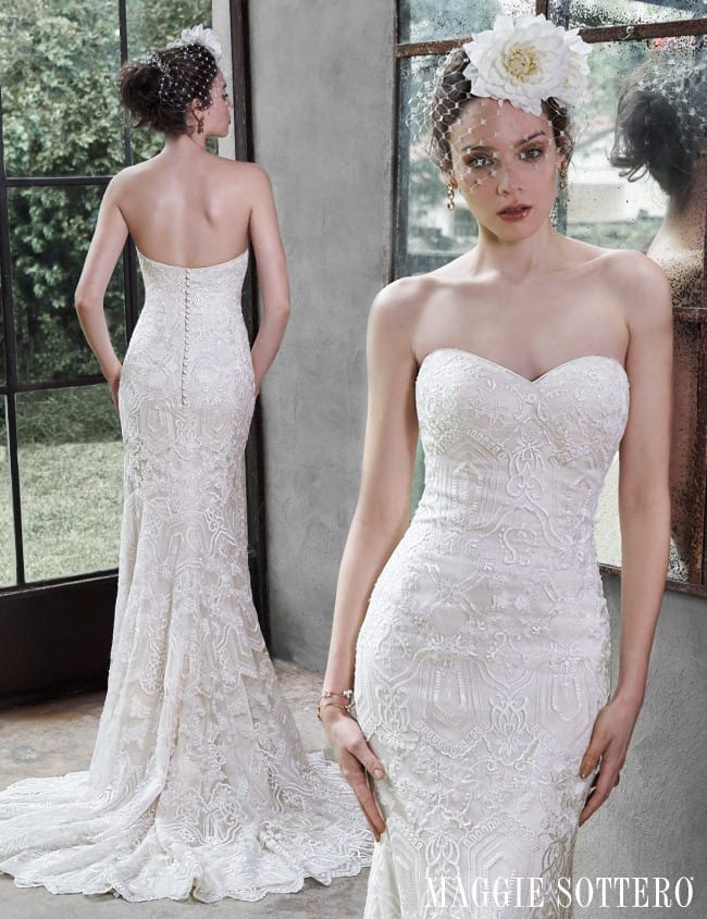 Fredricka... A geometric lace wedding gown by Maggie Sottero.