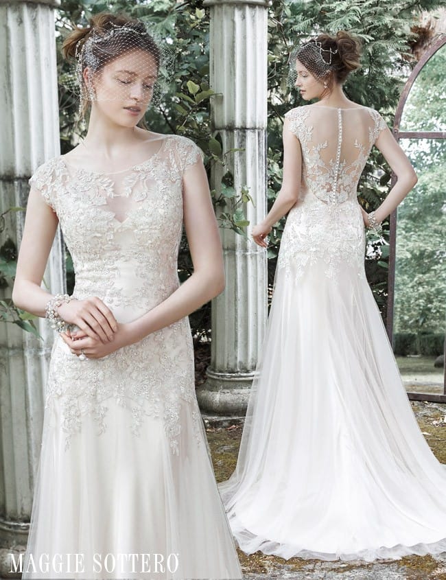 Sundance, ethereal wedding dress with illusion neckline by Maggie Sottero. See more Fall 2015 wedding dresses!